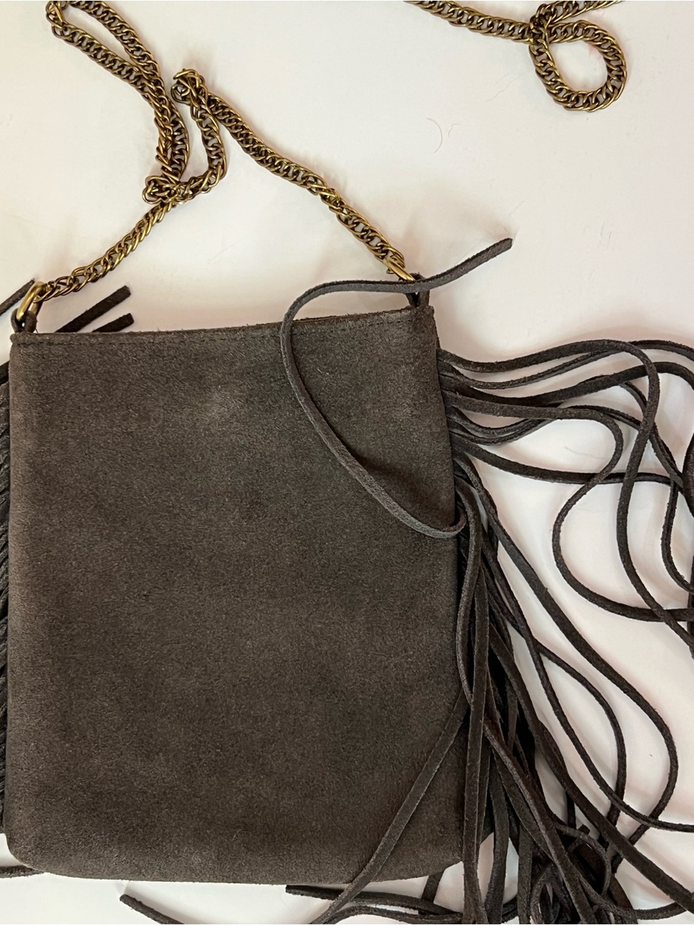 Ecote Dark Grey Suede Fringe Crossbody Bag with Bronze Chain
